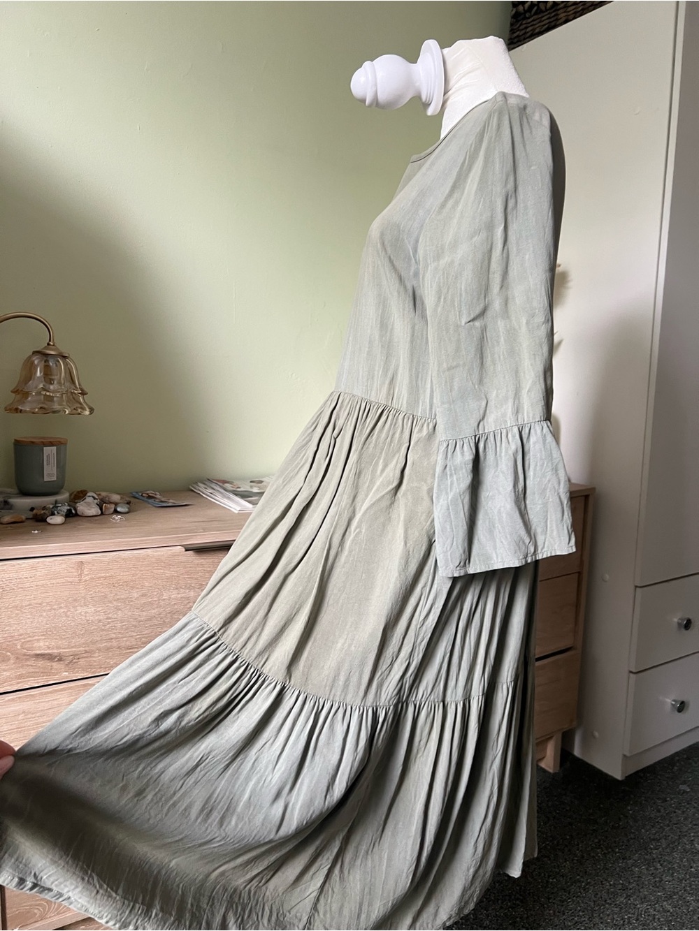 Sage Green Bell Flutter Sleeve Tiered Midi Flowy Modest Dress 100% Cotton Lining